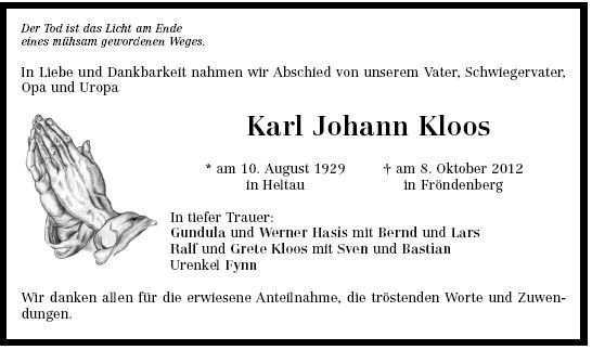 Kloos Karl Johann 1929-2012 Todesanzeige